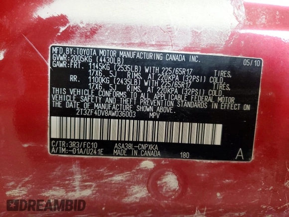 2010 Toyota RAV4 z VIN 2T3ZF4DV8AW036003, wystawiony jako Copart lot #59928265 z przebiegiem 188 804 mil mil oraz Szkoda całkowita • Salvage title. Historia ofert i sprzedaży dostępna na DreamBid. Obrazek 13.