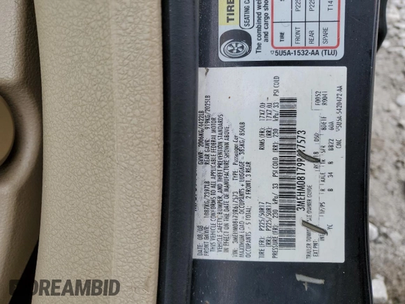 2009 Mercury Milan Premier with VIN 3MEHM08179R617573, listed as a Copart auction lot 44771524 with 161,576 mi miles and Salvage Title. Bid and sale history available at carsss.com. Image 12.