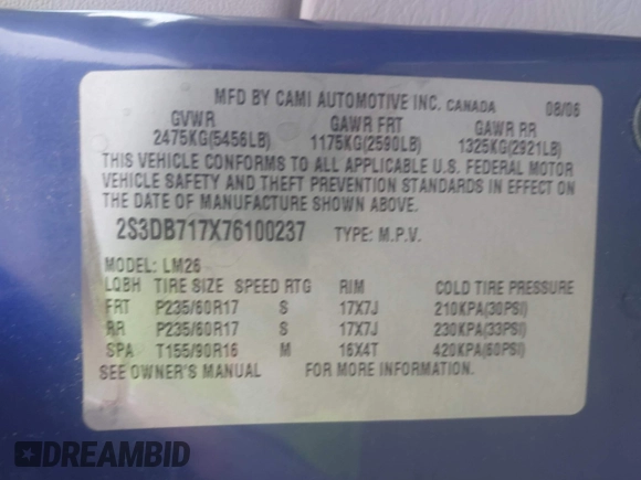 2007 Suzuki XL7 with VIN 2S3DB717X76100237, listed as a IAAI auction lot 42666427 with 110,955 mi miles and . Bid and sale history available at DreamBid. Image 9.