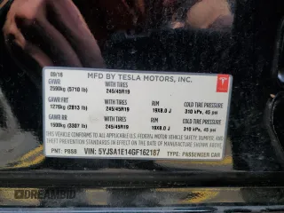 2016 Tesla Model S 70 with VIN 5YJSA1E14GF162187, listed as a Copart auction lot 59308185 with 98,088 mi miles and Salvage title. Bid and sale history available at DreamBid. Image 12.