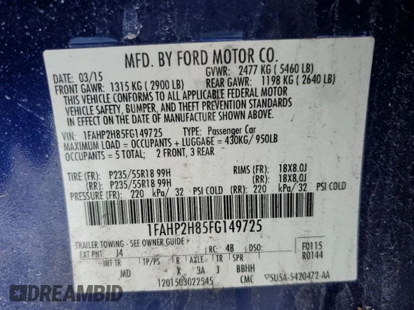2015 Ford Taurus SEL with VIN 1FAHP2H85FG149725, listed as a Copart auction lot 46267395 with 132,437 mi miles and Salvage Title. Bid and sale history available at carsss.com. Image 14.