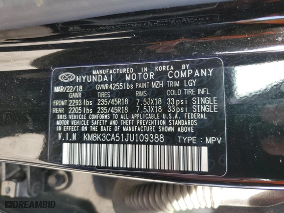 2018 Hyundai Kona Limited with VIN KM8K3CA51JU109388, listed as a Copart auction lot 86516114 with 83,918 mi miles and Salvage Title. Bid and sale history available at carsss.com. Image 15.