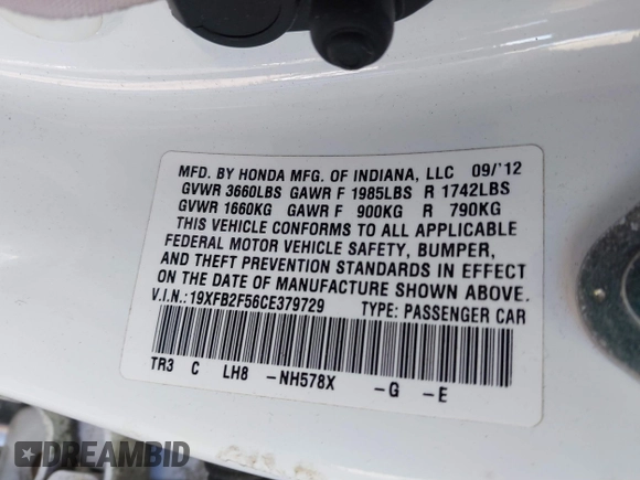 2012 Honda Civic LX with VIN 19XFB2F56CE379729, listed as a IAAI auction lot 41610909 with Not Provided miles and . Bid and sale history available at DreamBid. Image 9.