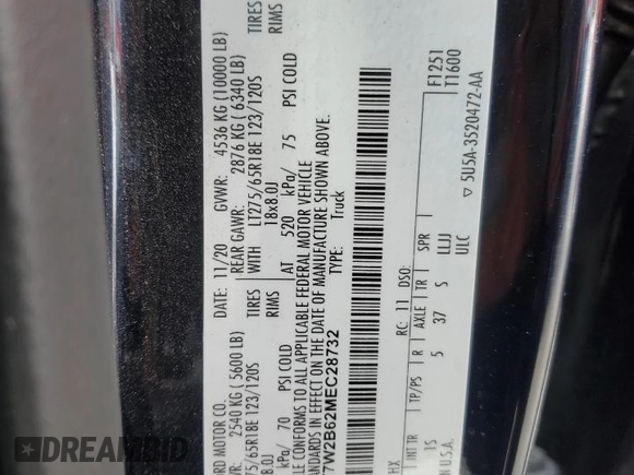 2021 Ford Super Duty F-250 SRW XL with VIN 1FT7W2B62MEC28732, listed as a Copart auction lot 44307565 with 124,653 mi miles and Salvage Title. Bid and sale history available at carsss.com. Image 12.