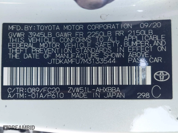 2021 Toyota Prius L Eco with VIN JTDKAMFU7M3133544, listed as a IAAI auction lot 41548653 with 115,214 mi miles. Bid and sale history available at carsss.com. Image 9.