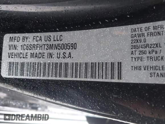 2021 Ram 1500 Limited with VIN 1C6SRFHT3MN500590, listed as a IAAI auction lot 41117602 with 81,875 mi miles and . Bid and sale history available at DreamBid. Image 9.