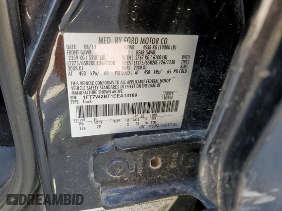 2014 Ford F-250 XL with VIN 1FT7W2BT1EEA14189, listed as a Copart auction lot 52920755 with 219,643 mi miles and Salvage title. Bid and sale history available at DreamBid. Image 15.