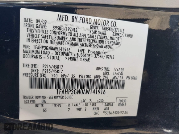 2010 Ford Focus SES with VIN 1FAHP3GN0AW141916, listed as a IAAI auction lot 41780613 with 273,514 mi miles. Bid and sale history available at carsss.com. Image 9.