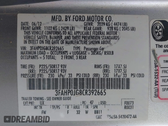 2012 Ford Fusion SEL with VIN 3FAHP0JG8CR392665, listed as a IAAI auction lot 41698480 with 193,095 mi miles. Bid and sale history available at carsss.com. Image 9.