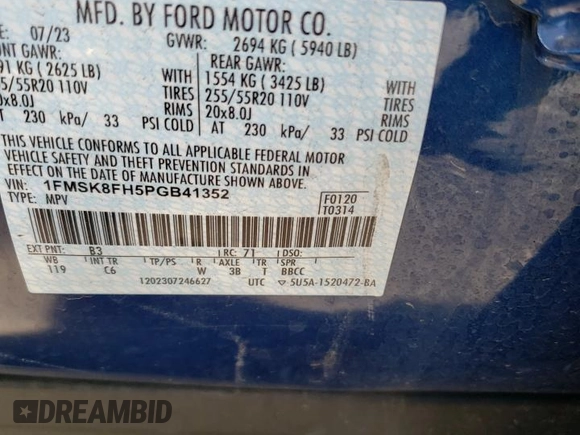 2023 Ford Explorer Limited with VIN 1FMSK8FH5PGB41352, listed as a Copart auction lot 53406155 with 25,612 mi miles and Salvage title. Bid and sale history available at DreamBid. Image 13.