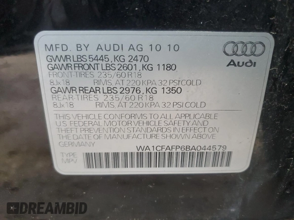 2011 Audi Q5 Premium с VIN WA1CFAFP6BA044579, выставлен на аукционе Copart как лот 53847355 с пробегом 106 146 миль миль и Чистый • Clean title. История ставок и продаж доступна на DreamBid. Изображение 13.