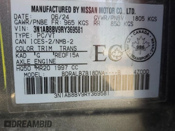 2024 Nissan Sentra S with VIN 3N1AB8BV9RY369581, listed as a Copart auction lot 54265485 with 47,459 mi miles and Salvage Title. Bid and sale history available at carsss.com. Image 13.