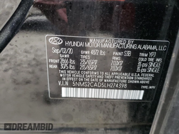2020 Hyundai Santa Fe SE with VIN 5NMS2CAD5LH274398, listed as a Copart auction lot 70537522 with 34,134 mi miles. Bid and sale history available at carsss.com. Image 13.