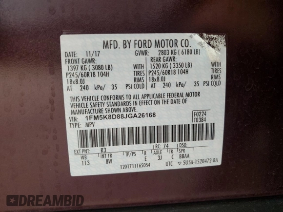 2018 Ford Explorer XLT с VIN 1FM5K8D88JGA26168, выставлен на аукционе Copart как лот 51528845 с пробегом 63 137 миль миль и Списание • Salvage title. История ставок и продаж доступна на DreamBid. Изображение 15.