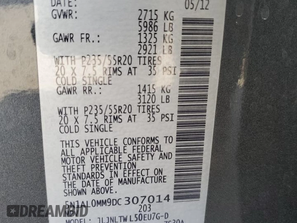 2013 Infiniti JX35 with VIN 5N1AL0MM9DC307014, listed as a Copart auction lot 55523725 with 225,160 mi miles and Salvage Title. Bid and sale history available at DreamBid. Image 13.
