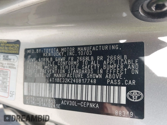 2004 Toyota Camry LE with VIN 4T1BE32K24U817748, listed as a IAAI auction lot 42155150 with 158,437 mi miles and . Bid and sale history available at DreamBid. Image 9.