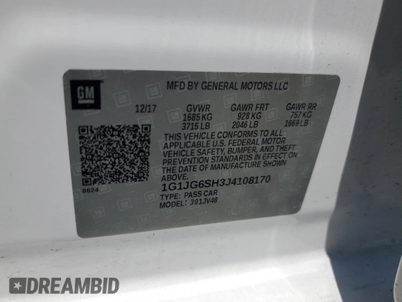 2018 Chevrolet Sonic LT with VIN 1G1JG6SH3J4108170, listed as a Copart auction lot 53712125 with 148,146 mi miles and Salvage title. Bid and sale history available at DreamBid. Image 12.