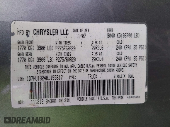2008 Dodge 1500 SLT with VIN 1D7HU18248J155617, listed as a IAAI auction lot 41775899 with 334,788 mi miles. Bid and sale history available at carsss.com. Image 9.