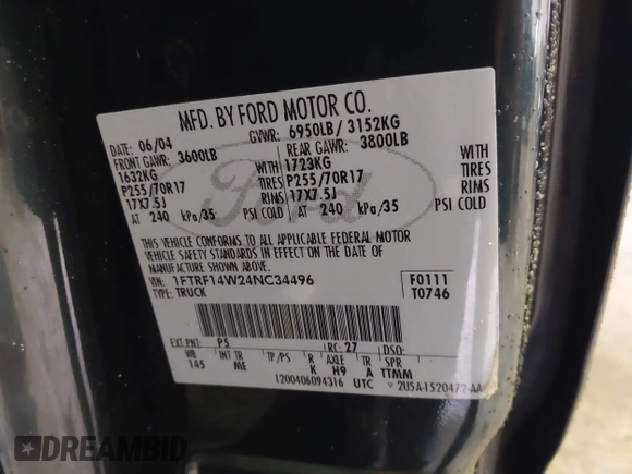 2004 Ford F-150 XL с VIN 1FTRF14W24NC34496, выставлен на аукционе IAAI как лот 41665720 с пробегом 62 487 миль миль и . История ставок и продаж доступна на DreamBid. Изображение 9.