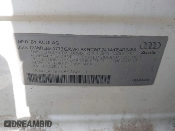 2008 Audi A4 2.0T z VIN WAUDF78EX8A166831, wystawiony jako IAAI lot #42495181 z przebiegiem 182 840 mil mil oraz . Historia ofert i sprzedaży dostępna na DreamBid. Obrazek 9.