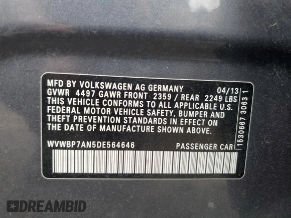 2013 Volkswagen CC R-Line with VIN WVWBP7AN5DE564646, listed as a Copart auction lot 73240774 with 53,337 mi miles and Salvage Title. Bid and sale history available at DreamBid. Image 12.