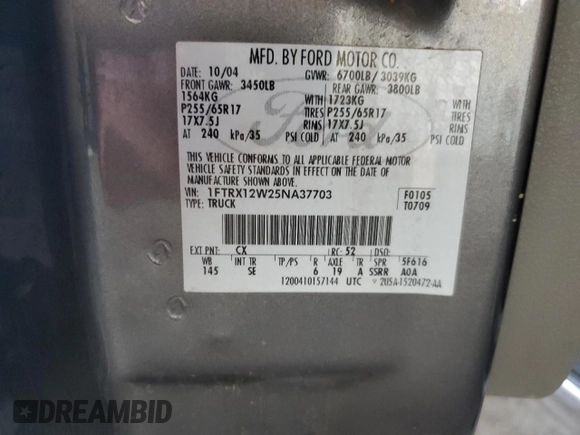 2005 Ford F-150 STX with VIN 1FTRX12W25NA37703, listed as a Copart auction lot 60089325 with 128,651 mi miles and Salvage title. Bid and sale history available at DreamBid. Image 12.