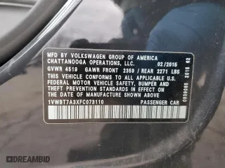 2015 Volkswagen Passat 1.8T Sport with VIN 1VWBT7A3XFC073110, listed as a Copart auction lot 41399305 with 123,086 mi miles and Salvage Title. Bid and sale history available at carsss.com. Image 14.