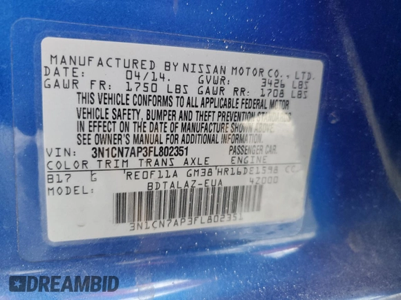 2015 Nissan Versa SV with VIN 3N1CN7AP3FL802351, listed as a Copart auction lot 55432105 with 163,178 mi miles and Clean Title. Bid and sale history available at carsss.com. Image 13.