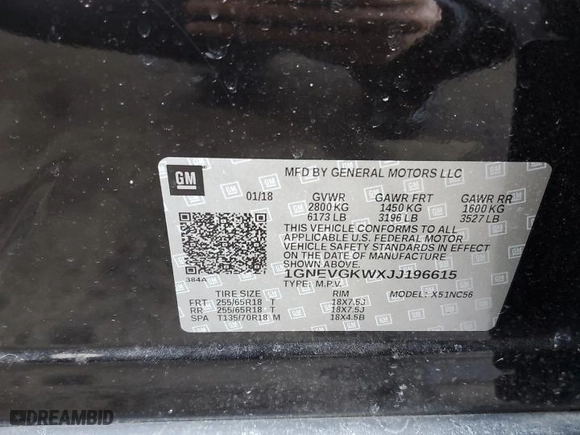 2018 Chevrolet Traverse LT Cloth with VIN 1GNEVGKWXJJ196615, listed as a Copart auction lot 45556125 with 125,642 mi miles and Salvage Title. Bid and sale history available at carsss.com. Image 13.