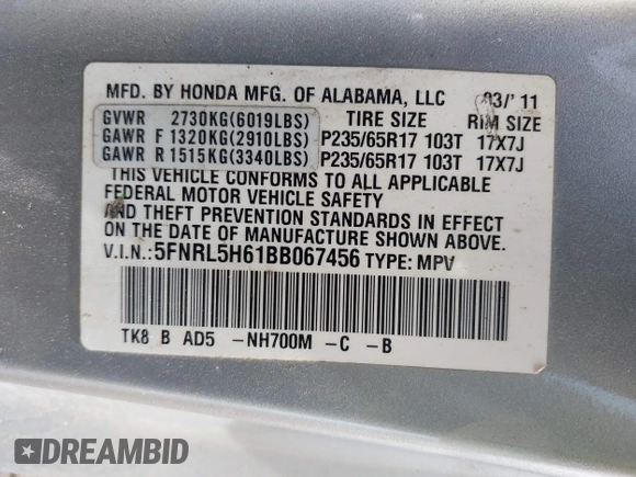 2011 Honda Odyssey EX-L with VIN 5FNRL5H61BB067456, listed as a IAAI auction lot 42131999 with 150,358 mi miles and . Bid and sale history available at carsss.com. Image 9.