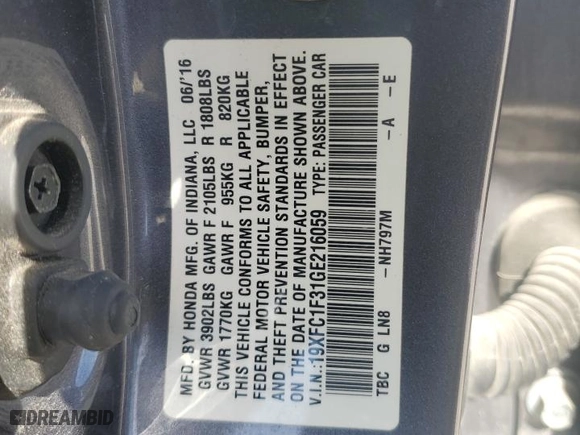 2016 Honda Civic Sedan EX-T with VIN 19XFC1F31GE216059, listed as a Copart auction lot 49628485 with 106,312 mi miles and Salvage Title. Bid and sale history available at carsss.com. Image 12.