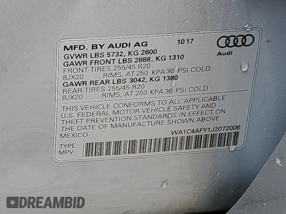 2018 Audi SQ5 Prestige with VIN WA1C4AFY1J2072006, listed as a Copart auction lot 58429414 with 87,450 mi miles and Salvage Title. Bid and sale history available at DreamBid. Image 13.