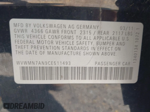 2012 Volkswagen CC Sport с VIN WVWMN7AN9CE511493, выставлен на аукционе IAAI как лот 42385094 с пробегом 147 963 миль миль и . История ставок и продаж доступна на DreamBid. Изображение 9.