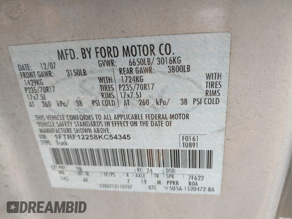 2008 Ford F-150 XL with VIN 1FTRF12258KC54345, listed as a IAAI auction lot 41011640 with 167,840 mi miles. Bid and sale history available at carsss.com. Image 9.
