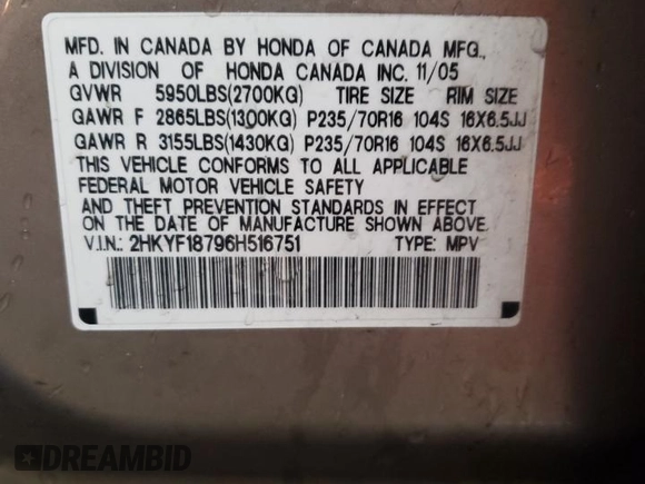 2006 Honda Pilot EX-L with VIN 2HKYF18796H516751, listed as a Copart auction lot 44558685 with 141,576 mi miles and Salvage Title. Bid and sale history available at DreamBid. Image 12.