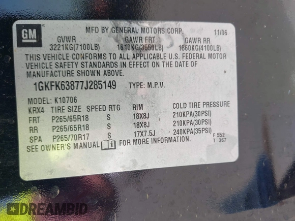2007 GMC Yukon Denali с VIN 1GKFK63877J285149, выставлен на аукционе IAAI как лот 42418510 с пробегом 140 863 миль миль и . История ставок и продаж доступна на DreamBid. Изображение 9.