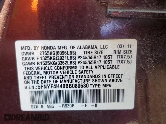 2011 Honda Pilot EX with VIN 5FNYF4H40BB080680, listed as a Copart auction lot 48696295 with 103,901 mi miles and Salvage Title. Bid and sale history available at carsss.com. Image 15.