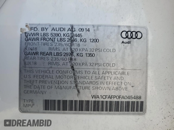 2015 Audi Q5 Premium with VIN WA1CFAFP0FA045488, listed as a Copart auction lot 60279075 with 140,102 mi miles and Clean title. Bid and sale history available at DreamBid. Image 12.