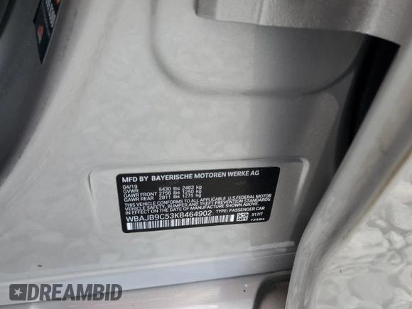2019 BMW 5 Series M550i xDrive with VIN WBAJB9C53KB464902, listed as a Copart auction lot 54252875 with 45,157 mi miles and Salvage title. Bid and sale history available at DreamBid. Image 13.