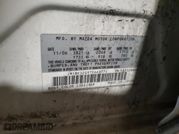 2007 Mazda 3 i Touring with VIN JM1BK32G971669774, listed as a Copart auction lot 51619175 with 136,198 mi miles and Salvage Title. Bid and sale history available at DreamBid. Image 12.