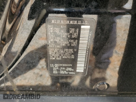 2011 Infiniti QX56 7-passenger с VIN JN8AZ2NF8B9503376, выставлен на аукционе Copart как лот 54276835 с пробегом 195 727 миль миль и Списание • Salvage title. История ставок и продаж доступна на DreamBid. Изображение 14.