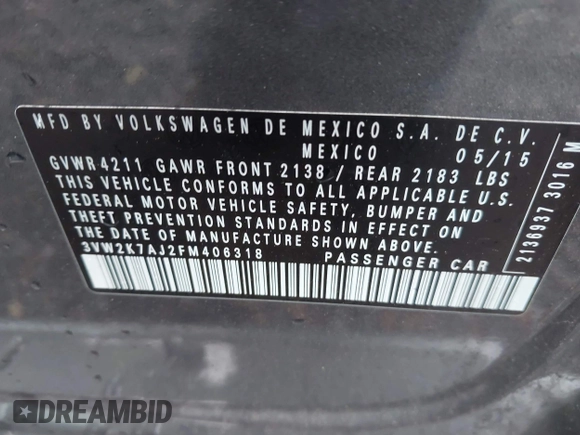 2015 Volkswagen Jetta S с VIN 3VW2K7AJ2FM406318, выставлен на аукционе IAAI как лот 42340261 с пробегом 140 313 миль миль и . История ставок и продаж доступна на DreamBid. Изображение 9.