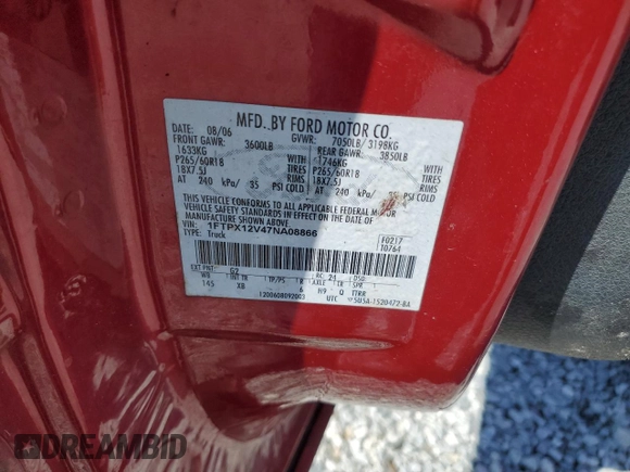 2007 Ford F-150 XL with VIN 1FTPX12V47NA08866, listed as a Copart auction lot 52646435 with Not provided miles and Non repairable. Bid and sale history available at DreamBid. Image 12.