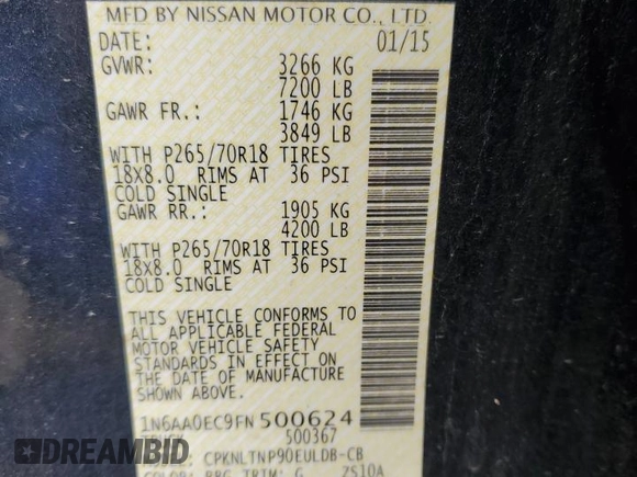 2015 Nissan Titan SV with VIN 1N6AA0EC9FN500624, listed as a Copart auction lot 50982985 with 128,976 mi miles and Salvage title. Bid and sale history available at DreamBid. Image 15.