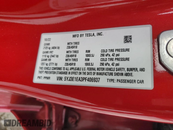 2023 Tesla Model 3 с VIN 5YJ3E1EA3PF406937, выставлен на аукционе Copart как лот 56355805 с пробегом 24 661 миль миль и Списание • Salvage title. История ставок и продаж доступна на DreamBid. Изображение 13.