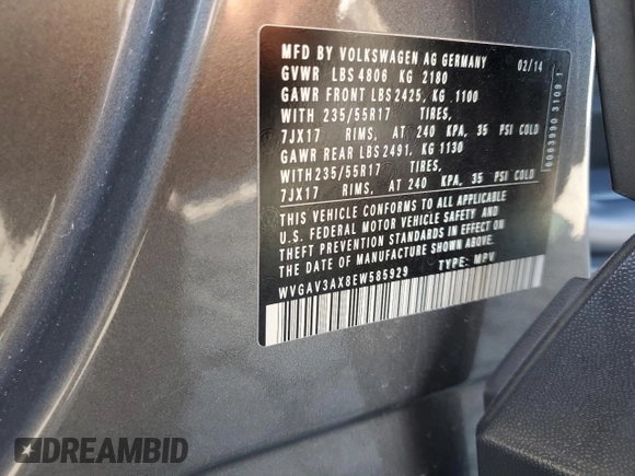 2014 Volkswagen Tiguan SEL with VIN WVGAV3AX8EW585929, listed as a Copart auction lot 61462205 with 63,899 mi miles and Salvage title. Bid and sale history available at DreamBid. Image 13.