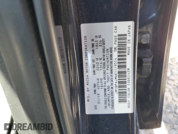 2019 Mazda 3 with VIN JM1BPAJMXK1119554, listed as a Copart auction lot 63612595 with 78,812 mi miles and Salvage title. Bid and sale history available at DreamBid. Image 12.