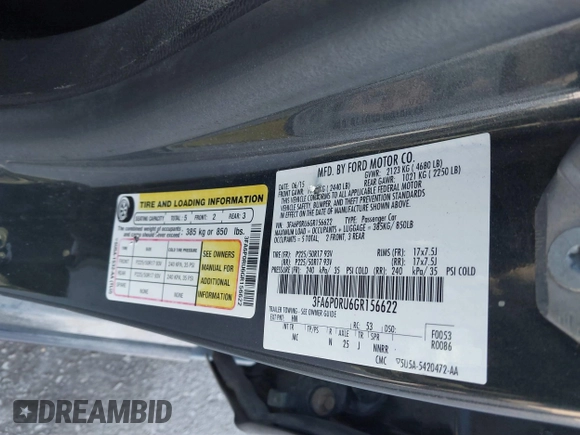 2016 Ford Fusion Titanium Hybrid with VIN 3FA6P0RU6GR156622, listed as a IAAI auction lot 41178887 with 92,423 mi miles. Bid and sale history available at carsss.com. Image 9.
