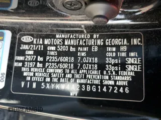 2011 Kia Sorento SX with VIN 5XYKW4A23BG147246, listed as a Copart auction lot 44183915 with Not Provided miles and Clean Title. Bid and sale history available at carsss.com. Image 13.