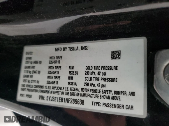 2022 Tesla Model 3 Long Range with VIN 5YJ3E1EB1NF289638, listed as a Copart auction lot 53390035 with 135,898 mi miles and Clean Title. Bid and sale history available at DreamBid. Image 12.